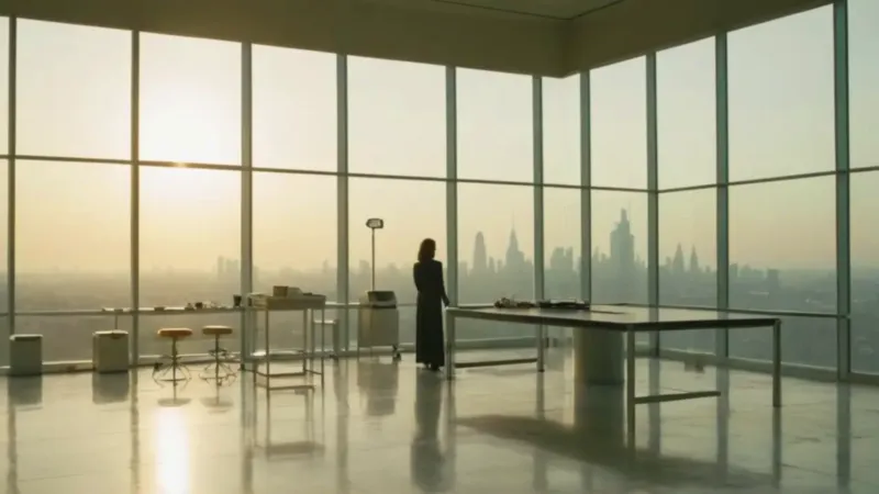 Mujer sola en laboratorio al atardecer