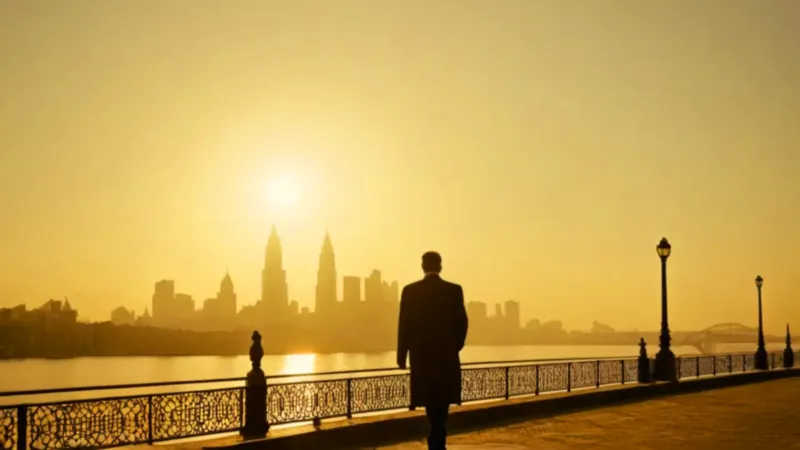 Una figura contempla la ciudad al atardecer