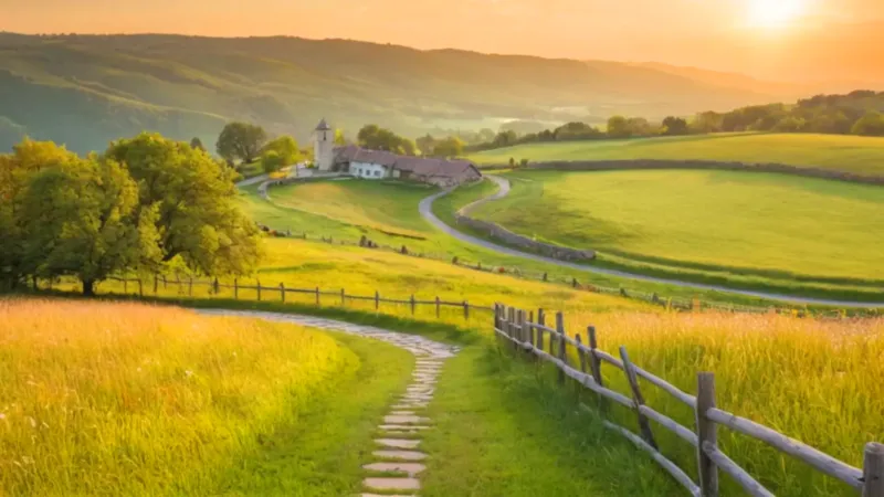 Un idílico pueblo en verdes colinas