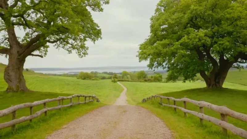 Paisaje idílico de colinas y puertas redondas