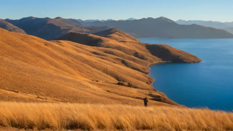 Figura solitaria contempla el lago y montañas