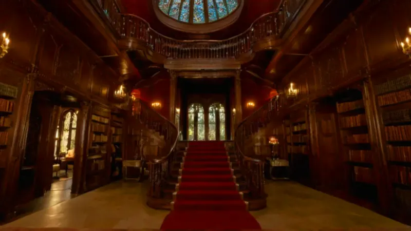 La imponente escalera carmesí domina la biblioteca