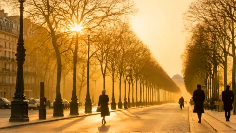 Atardecer dorado en un bulevar parisino