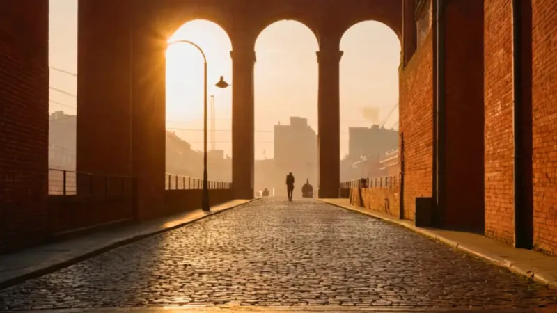 Un hombre camina hacia el puente industrial