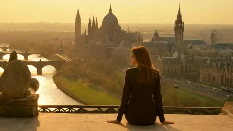 Mujer contempla la ciudad dorada al atardecer