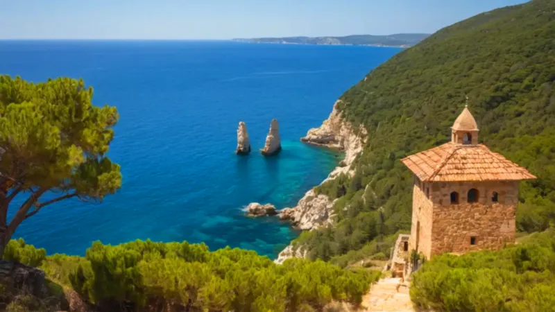 Figura solitaria ante el mar y el pueblo