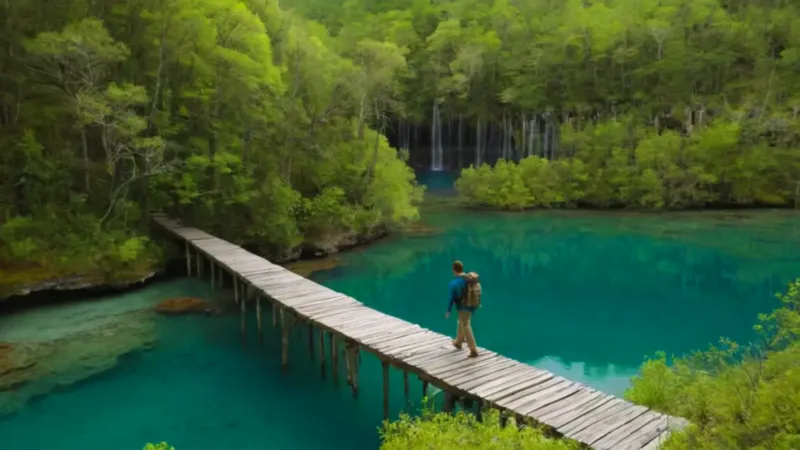 Excursionista en un paraíso de cascadas