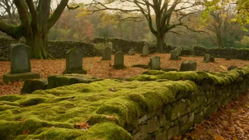 Una figura solitaria en un cementerio otoñal