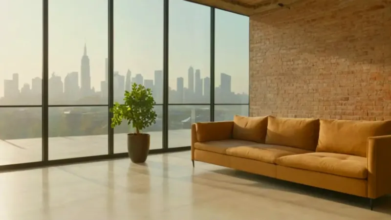 Persona con dispositivo en un loft luminoso