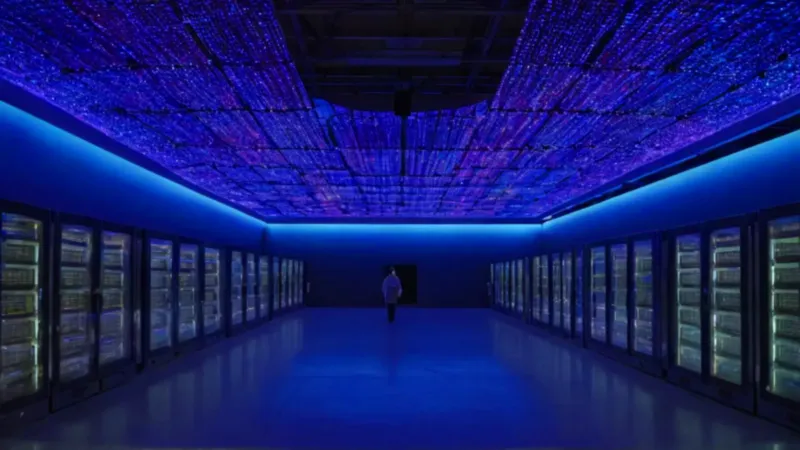 Una figura en un vasto centro tecnológico