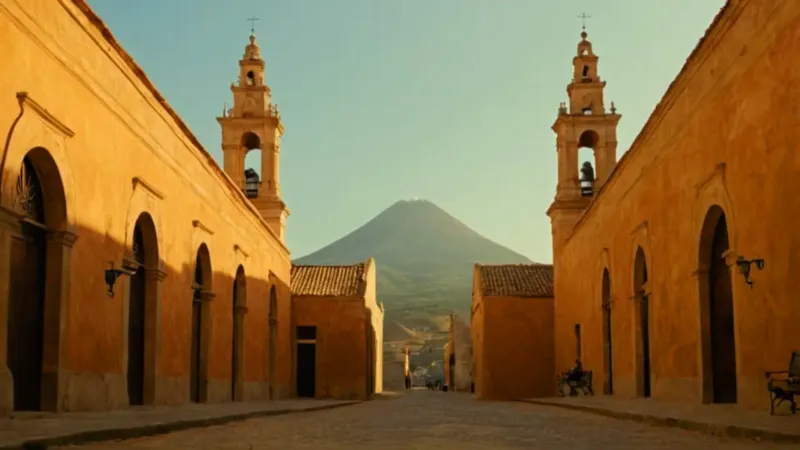 Calle colonial hacia catedral y volcán
