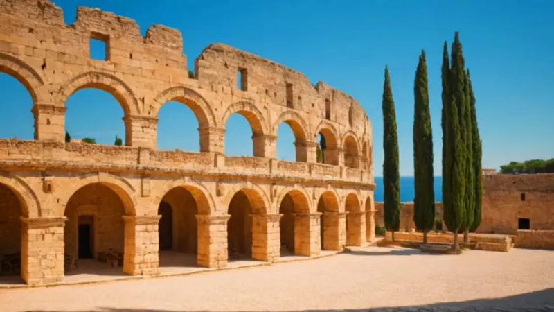 Anfiteatro romano dorado por el sol del atardecer