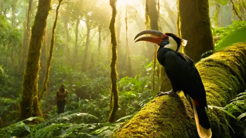 Explorador observa un cálao en la jungla