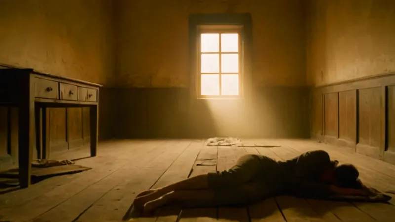 Figura solitaria en un cuarto en ruinas