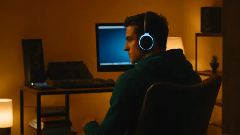 Joven silueteado por la luz del monitor