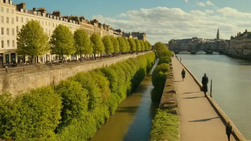 Figura solitaria junto al río iluminado
