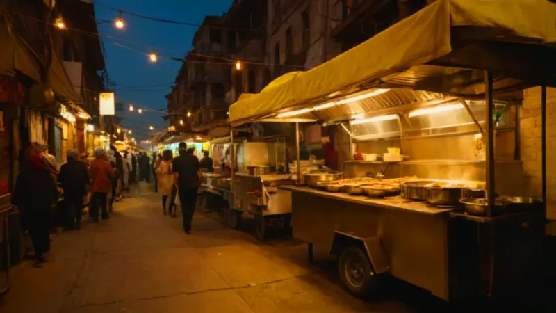 Puesto de comida en un callejón nocturno