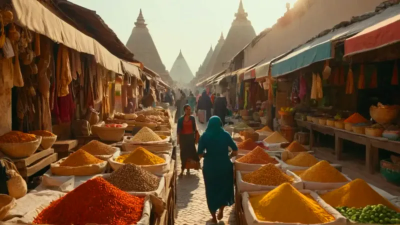 Callejuela de mercado vibrante y concurrida