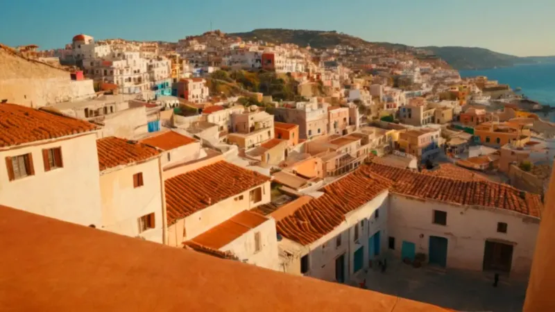 Colorido pueblo en la ladera al atardecer