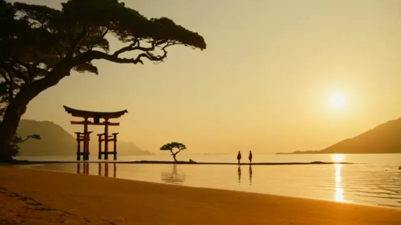 Silueta ante un torii rojo al atardecer