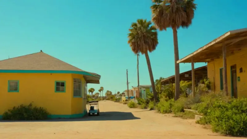 Una figura camina por la calle soleada