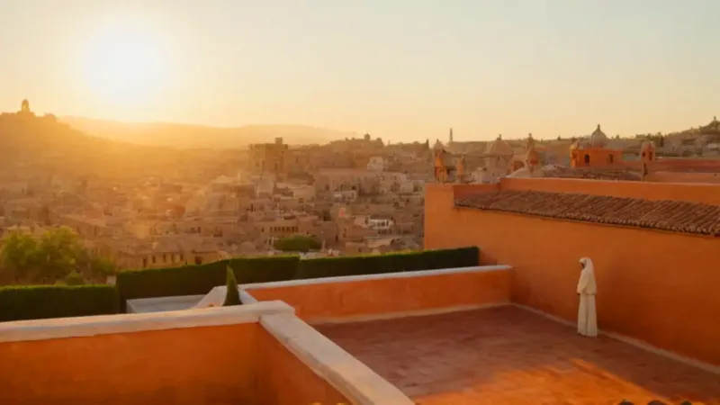 Una figura contempla la ciudad al atardecer