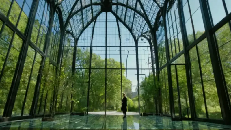 Mujer admira la inmensa arquitectura de cristal