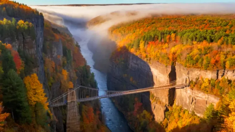 Puente sobre cañón con cascada otoñal