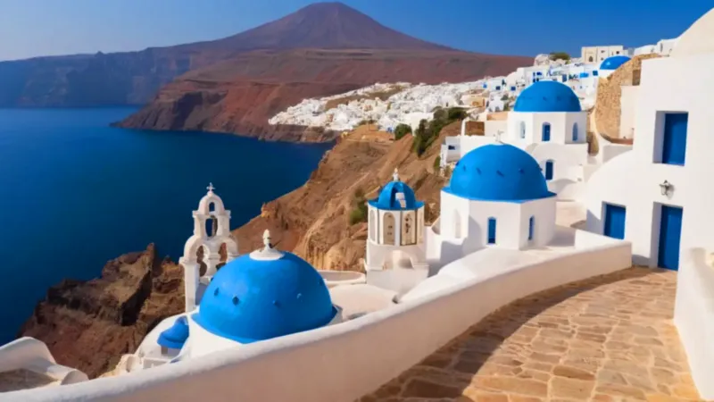 Pueblo blanco sobre el mar azul