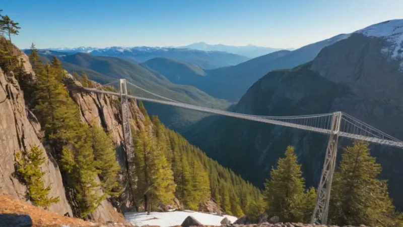 Un hombre cruza un puente entre montañas