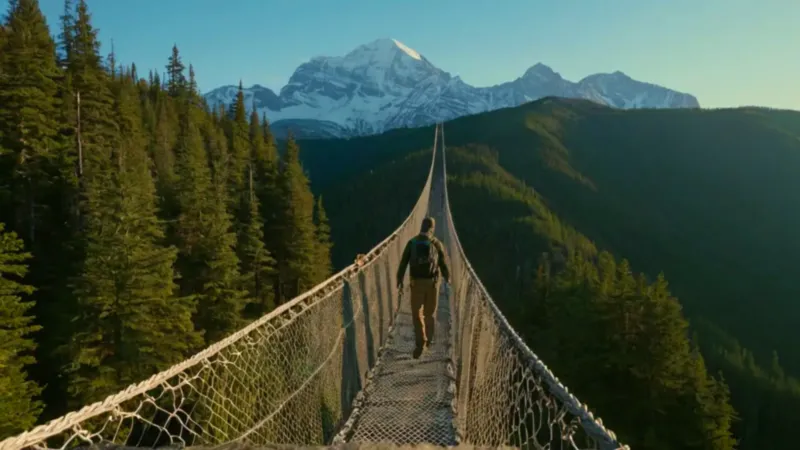 Una figura cruza un puente entre montañas