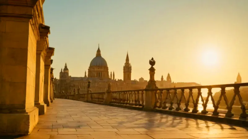 Figura contempla el atardecer sobre la ciudad