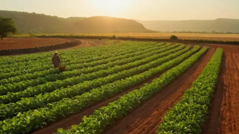 Un campesino cultiva el valle al atardecer