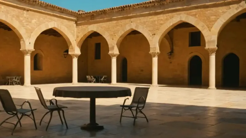 Figura solitaria en una plaza monumental