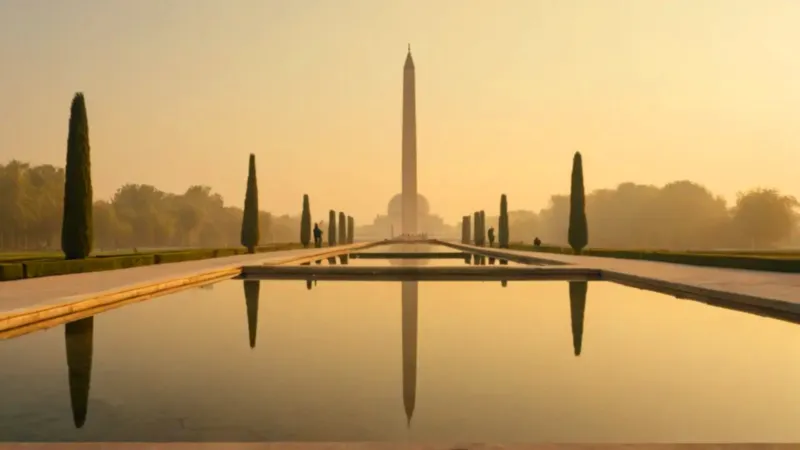 Un mausoleo luminoso se refleja al amanecer