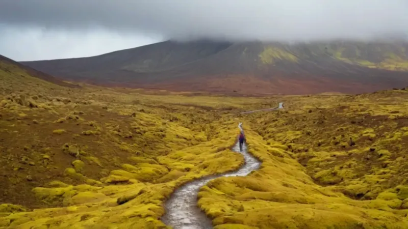 Un caminante solitario en un valle geotérmico