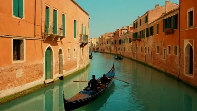 Gondolero en el canal durante el atardecer