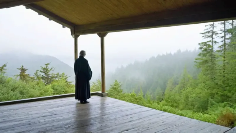 Una figura solitaria contempla el paisaje brumoso