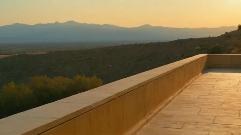 Una figura contempla la ciudad al atardecer