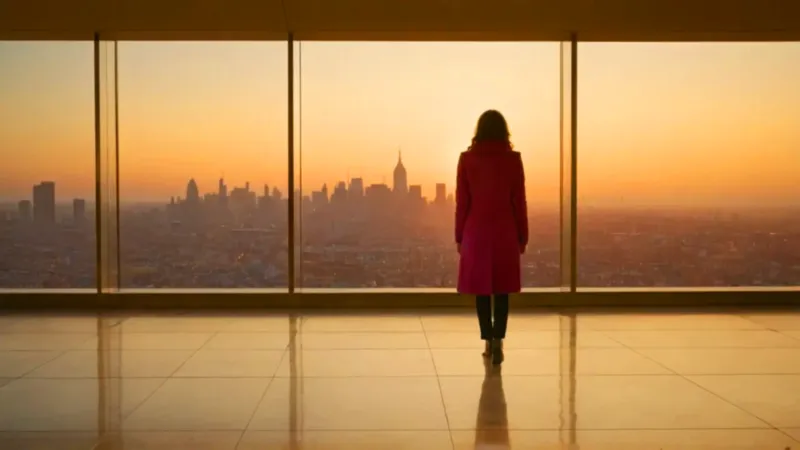 Una figura contempla la ciudad al atardecer