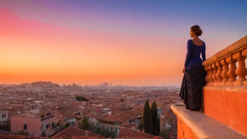 Figura contempla la ciudad al atardecer