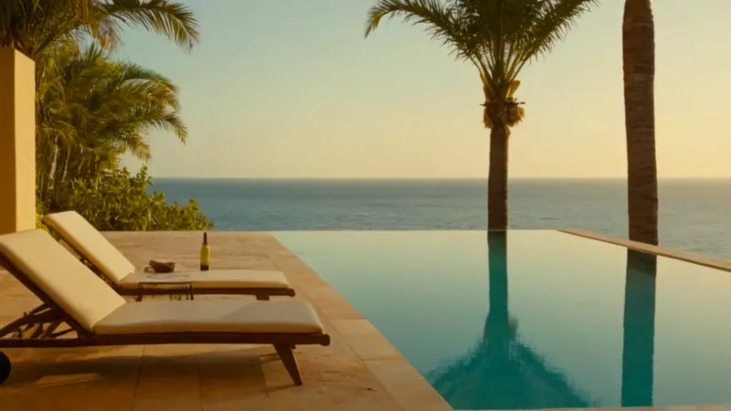 Figura contempla el atardecer desde la piscina