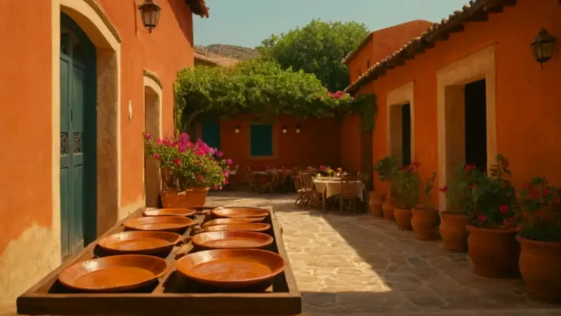 Camarero sirve en un patio rústico soleado