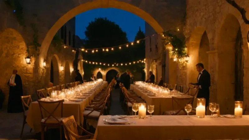 Cena íntima en un patio iluminado
