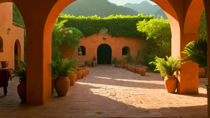 Patio colonial bañado en luz de atardecer