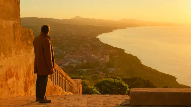 Hombre contempla la ciudad al atardecer
