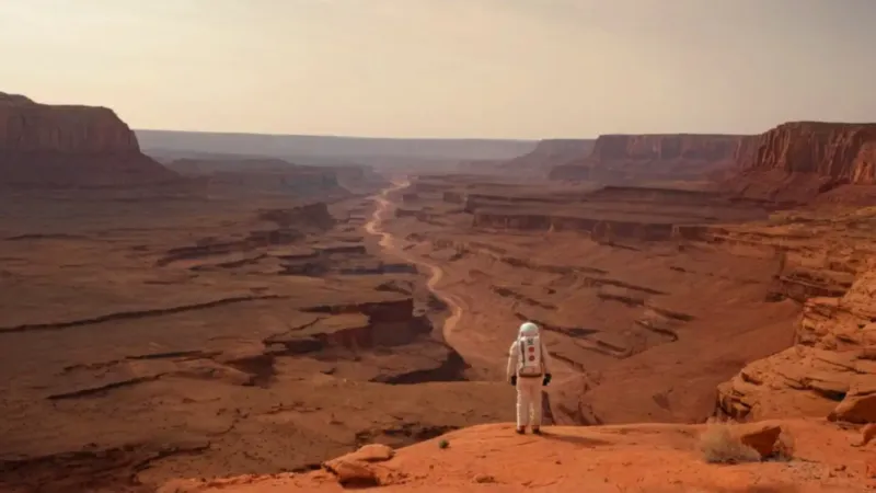 Un astronauta solitario ante un cañón inmenso