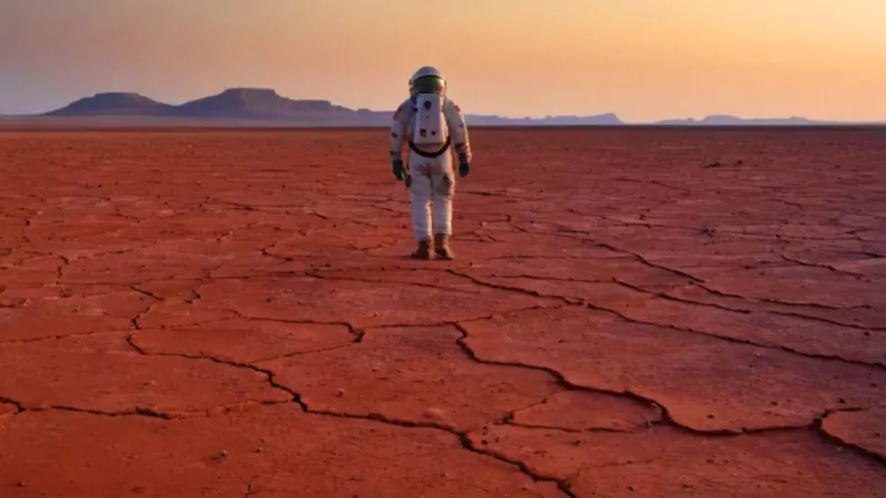 Astronauta solitario en el desierto rojo