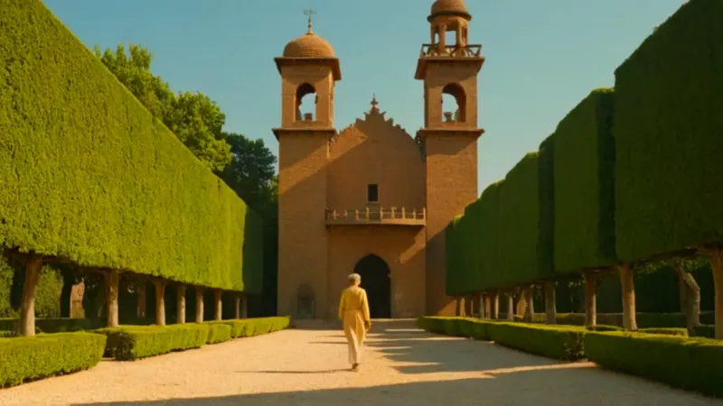 Palacio en un jardín al atardecer