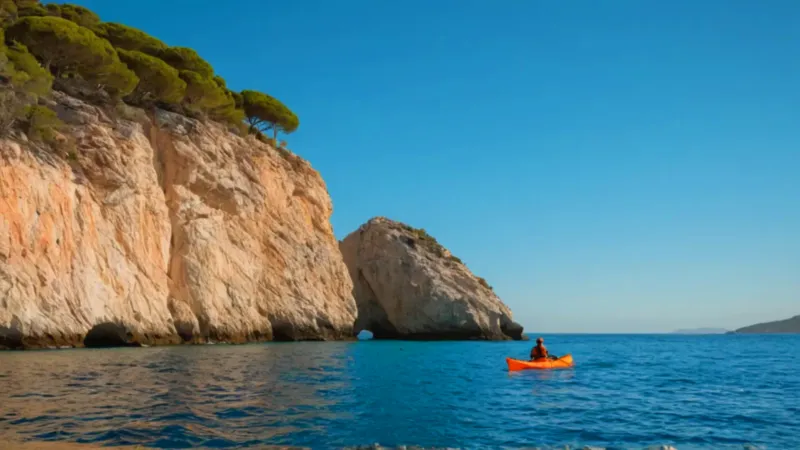 Un kayak en una tranquila cala turquesa